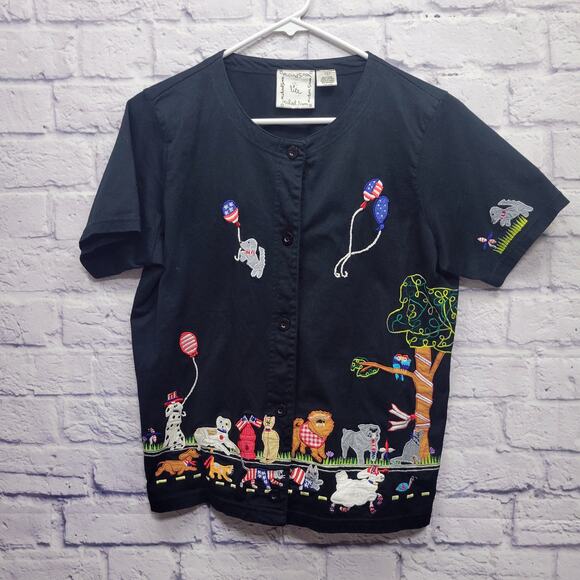 Michael Simon Lite Embroidered Dog Blouse Size L Women's Top Black Short Sleeve - Picture 1 of 8